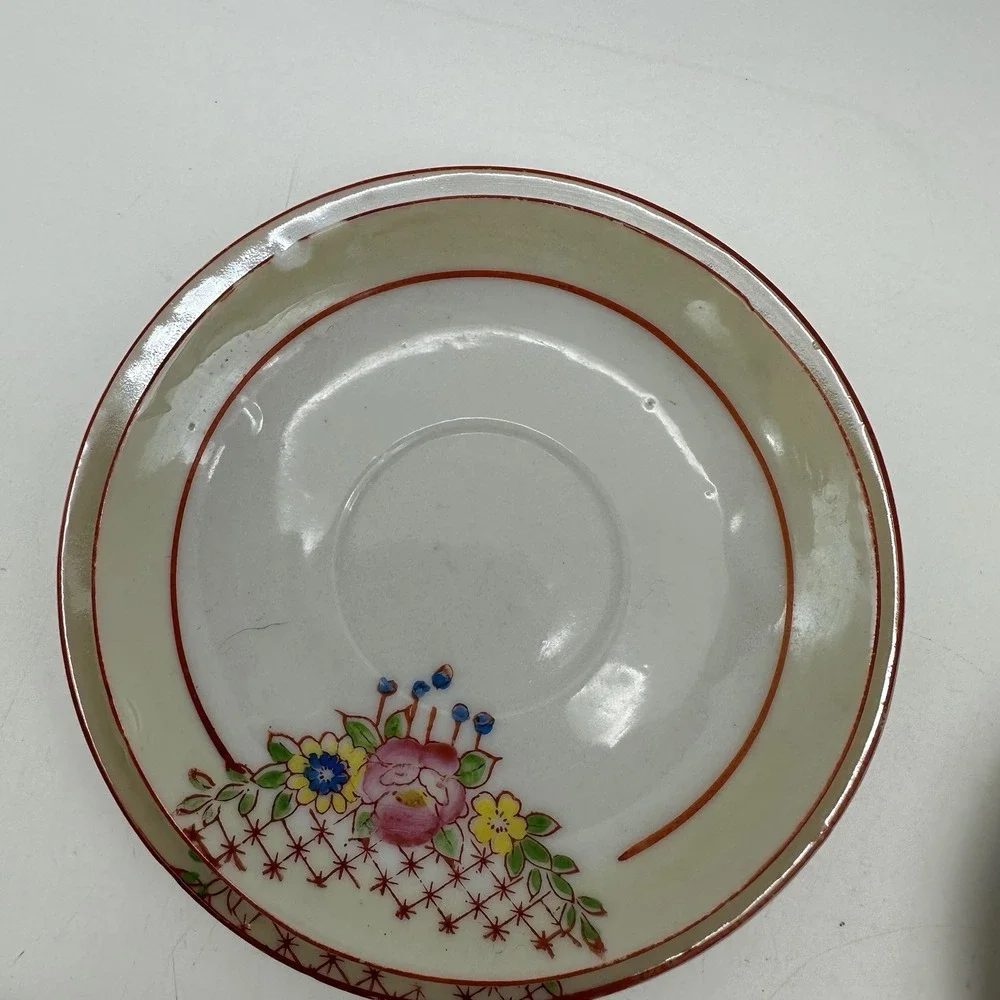 Vintage China Floral Demitasse Cup & Saucer 5 Sets Mini Red Trim Childs Tea Size
